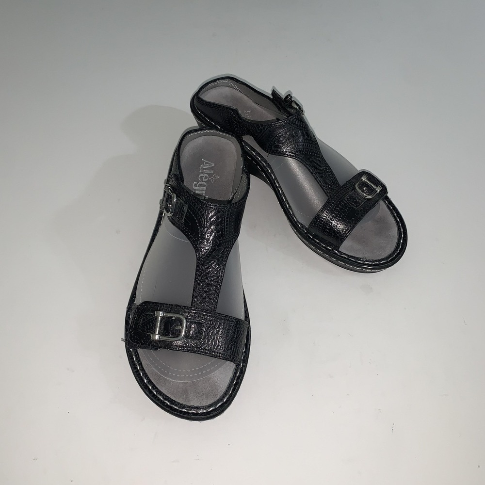 Alegria Sandals Womens Size 8 Black Leather Paisley Slingback Wedge Comfort